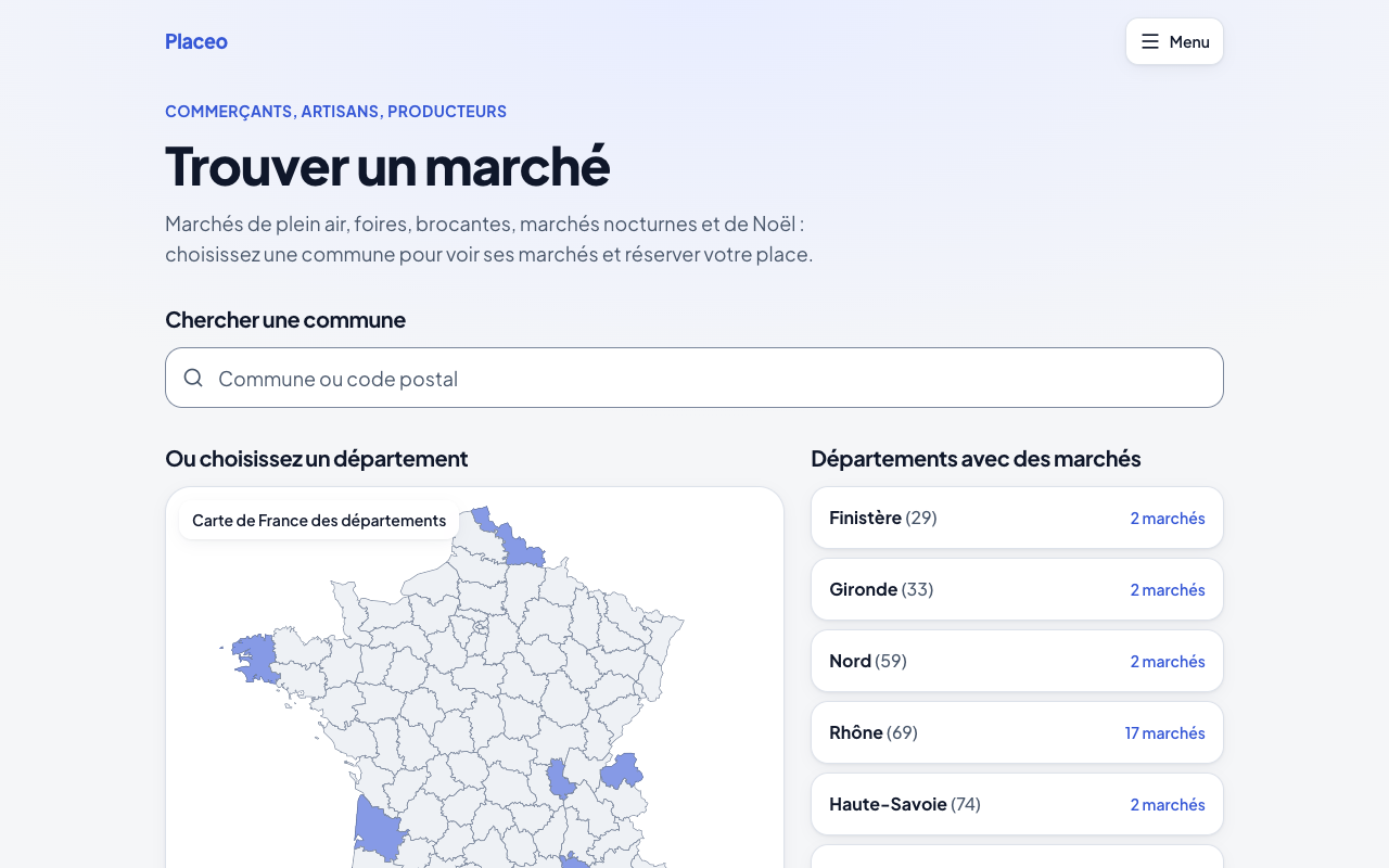 Page d’accueil : recherche par commune et carte de France